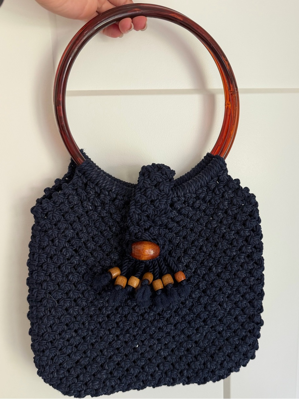 Vintage Navy Crochet Tote with acrylic Ring Handles and wood button closure